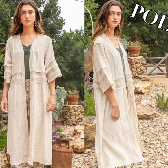 POL Tops - POL IVORY 3/4 SLEEVE COTTON EMBROIDERED DUSTER SIZE LARGE NWOT